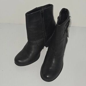 0108 B.O.C. Zip Side Double Buckle‎ Leather Ankle Heel Boots Size 8M